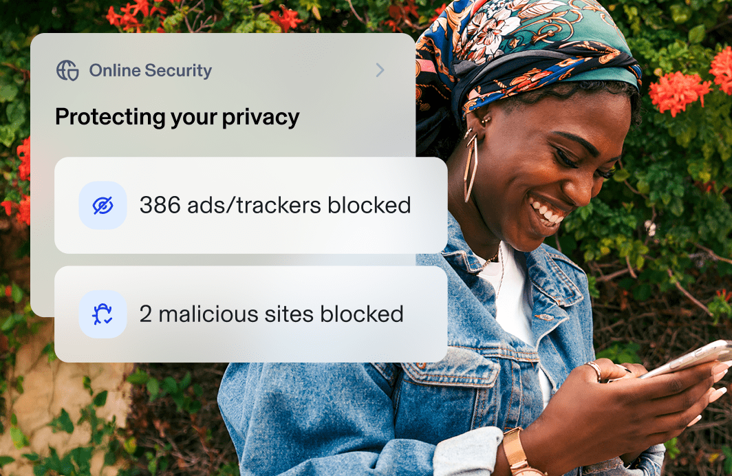 Woman using phone and smiling. Aura app overlay shows Facebook notification. Passwords tab is open showing alex.garcia@aura.com's password is saved and hidden. Online secuirity shows block ads and trackers is toggled on with 23 shown. 