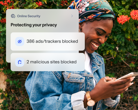 Woman using phone and smiling. Aura app overlay shows Facebook notification. Passwords tab is open showing alex.garcia@aura.com's password is saved and hidden. Online secuirity shows block ads and trackers is toggled on with 23 shown. 