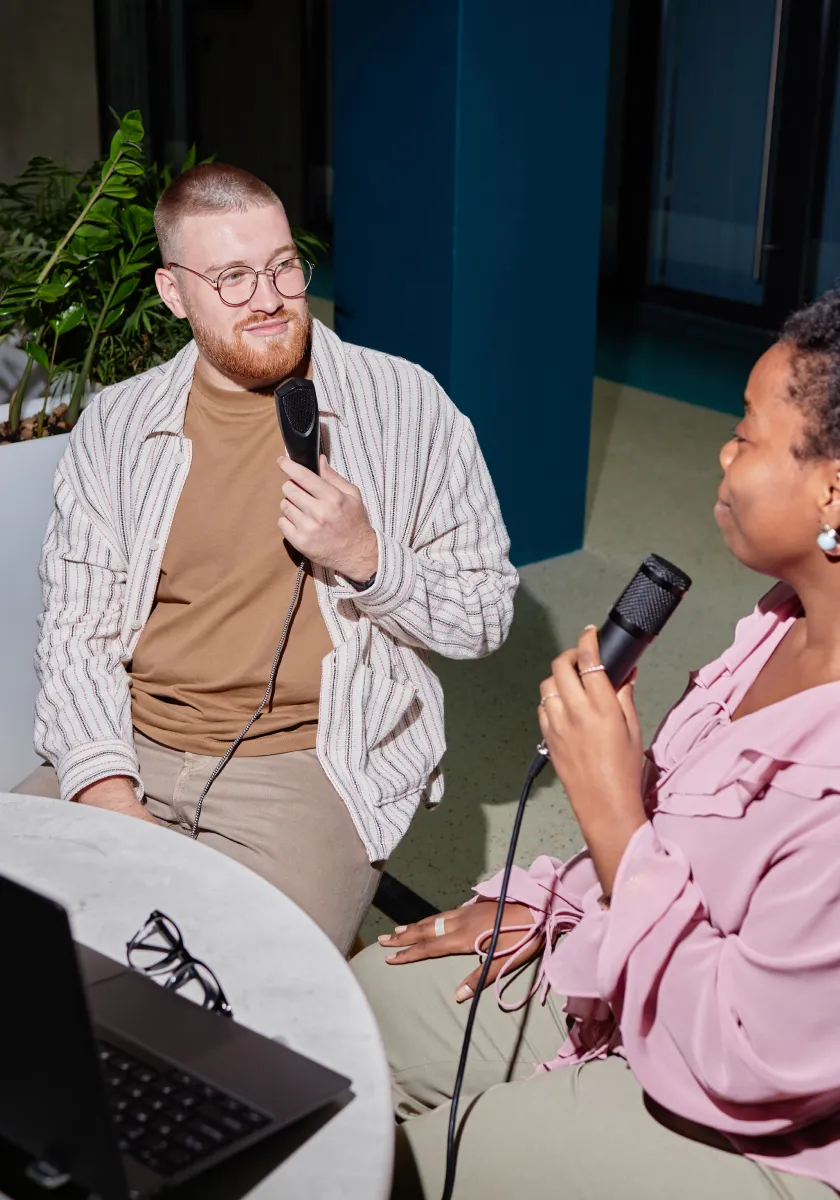 Two podcasters having a conversation