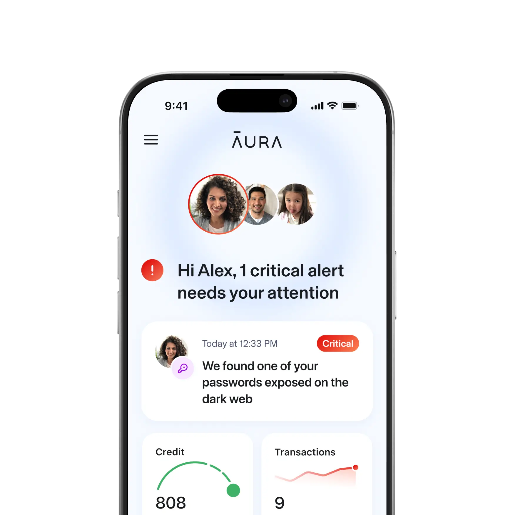 The Aura app home page open on a mobile device