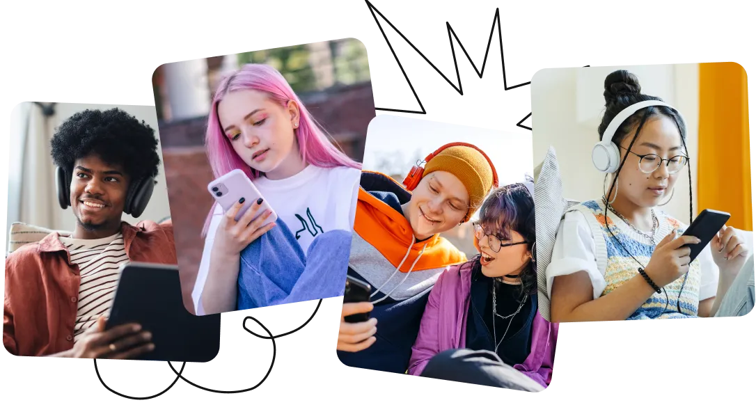 Collage of diverse teenagers using smartphones and tablets