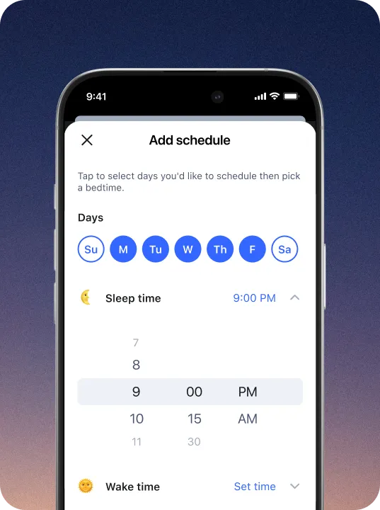 Add schedule Aura app screen. Tap to select days you'd like to schedule bedtime. Sleep time shows 9PM. Wake time options available.
