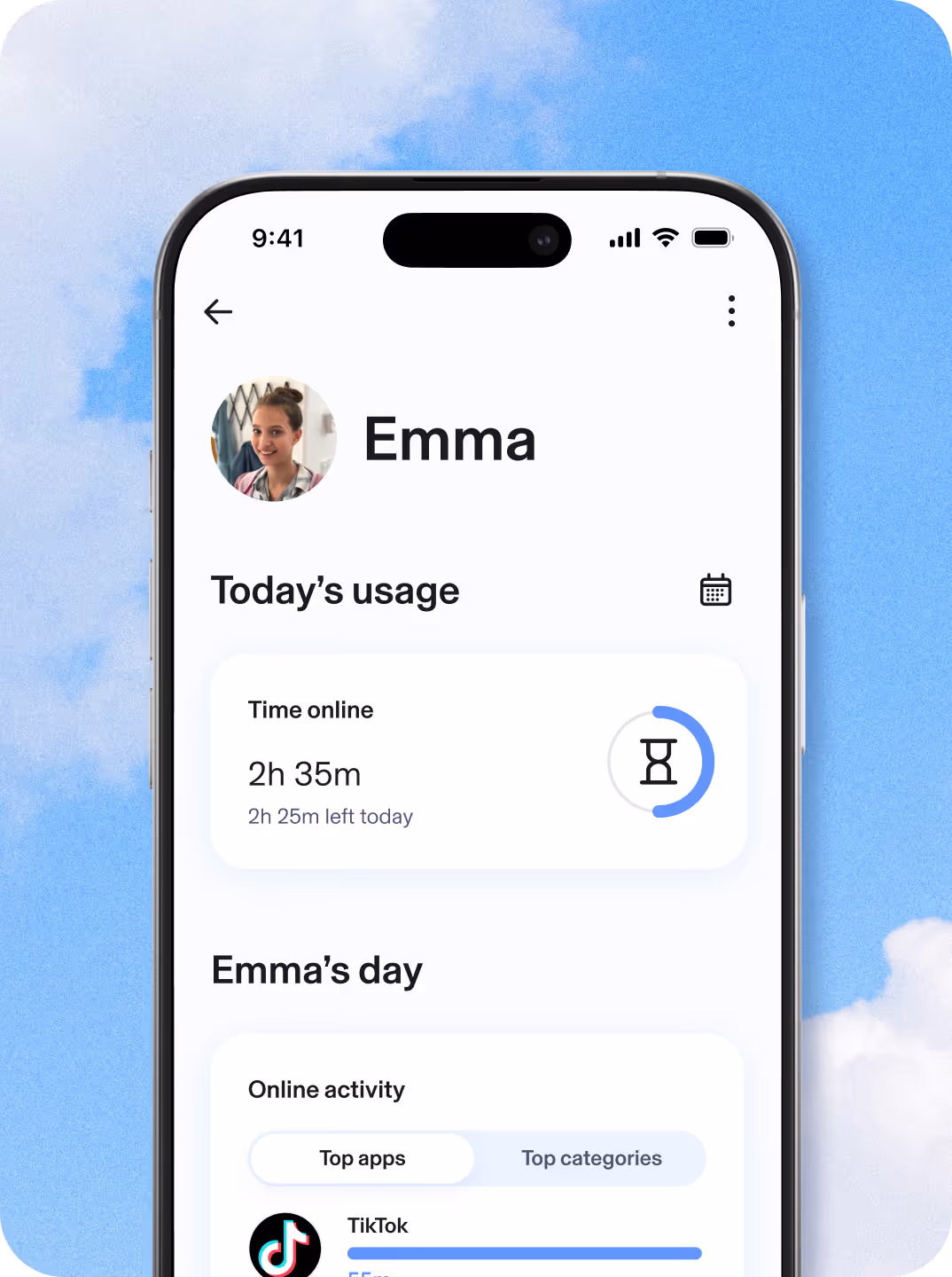 Settings profile for Emma S. Quick actions show unpause and bonus time. Set boundaries indicate you can guide your child's experience with time limits.