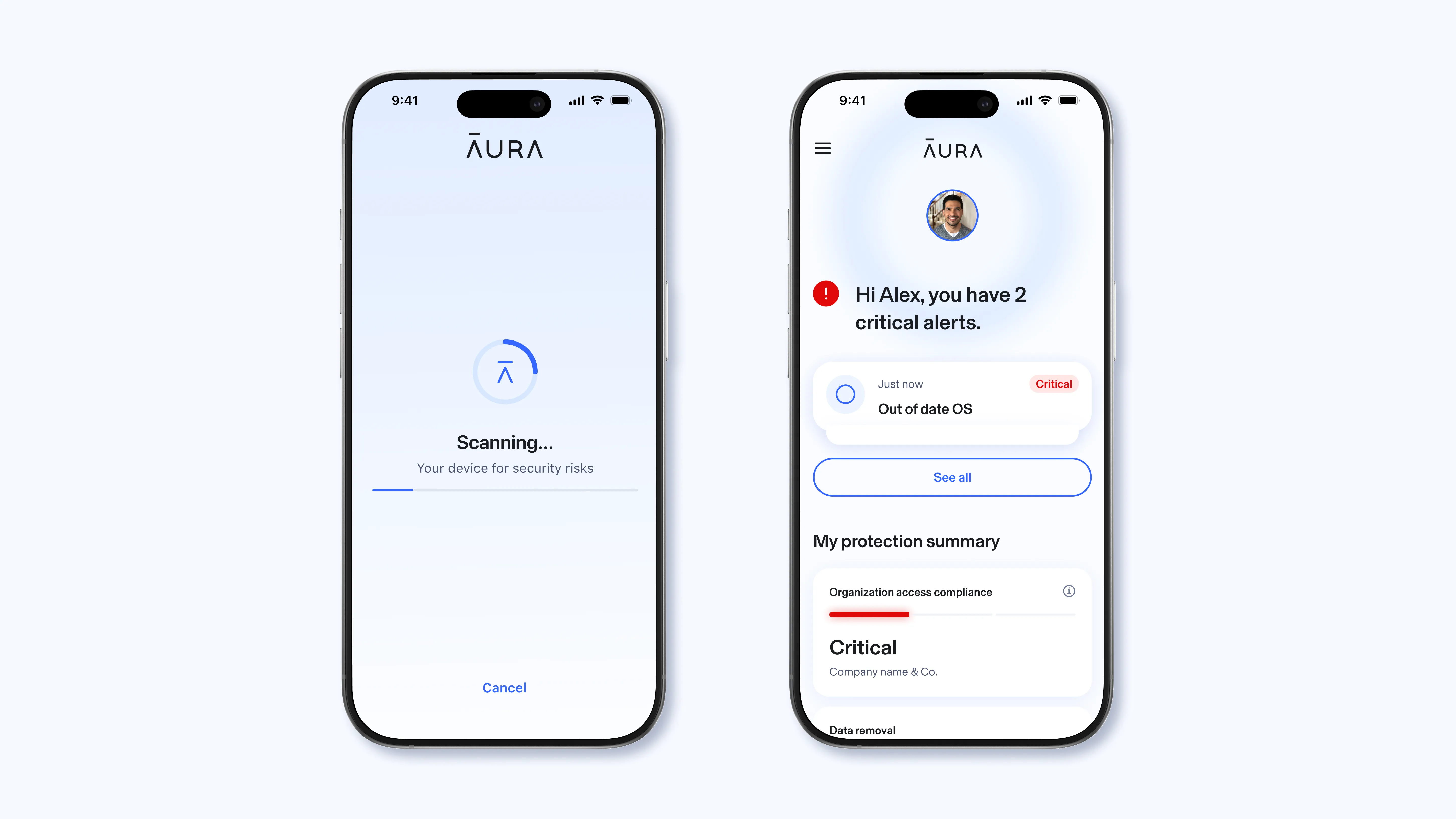 Two Aura Business app screens: one shows 'Scanning…,' the other says 'Hi Alex, you have 2 critical alerts.'