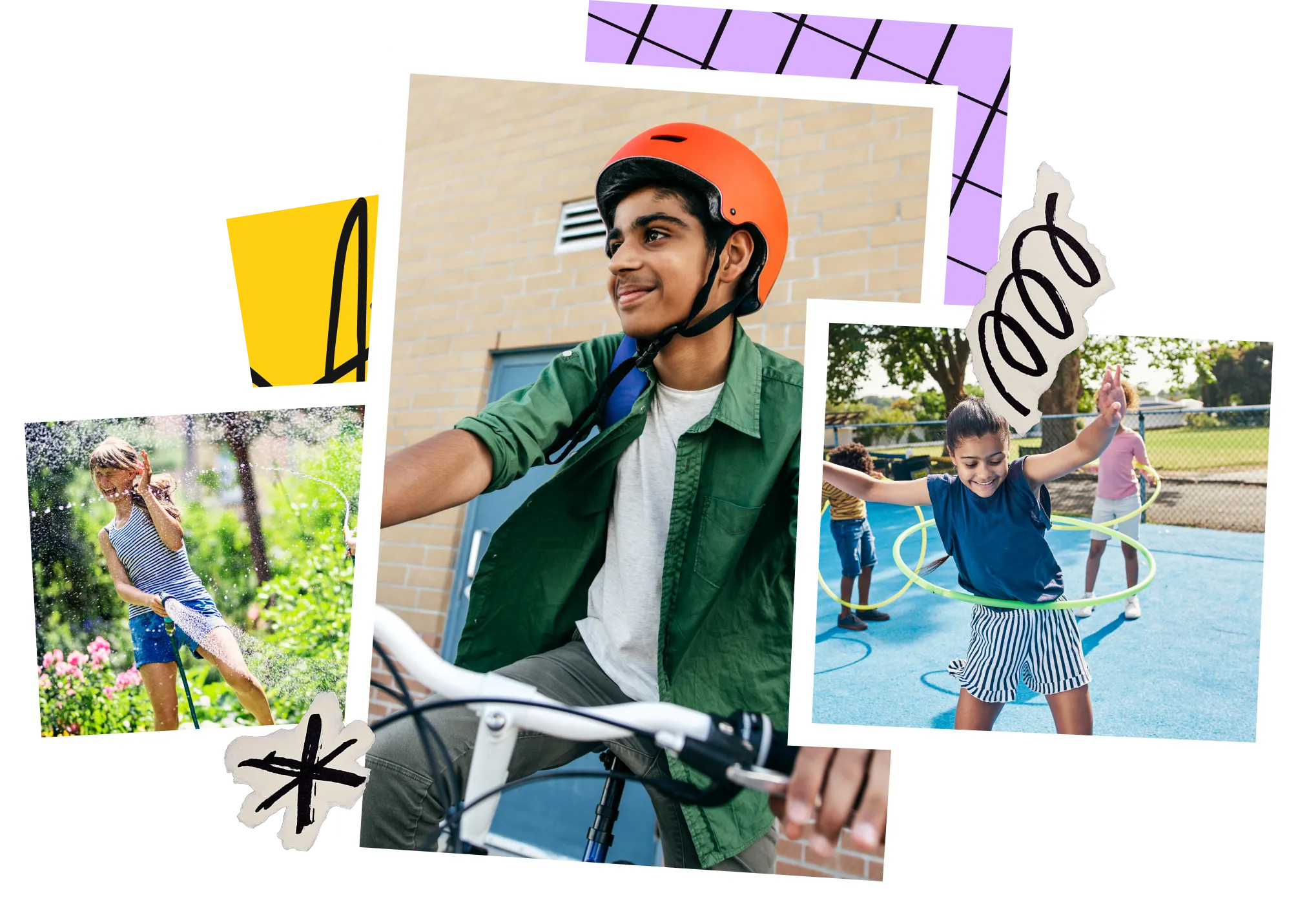 Collage of three children enjoying summer activities: a young girl splashing water, a smiling boy riding a bicycle, a child spinning a green hula hoop