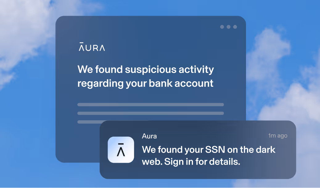 Man using laptop. Aura app popups show search results for Alex Garcia with two results, one in Florida and another in California. One displays a removal requested for Alex Garcia's information from the search engine.