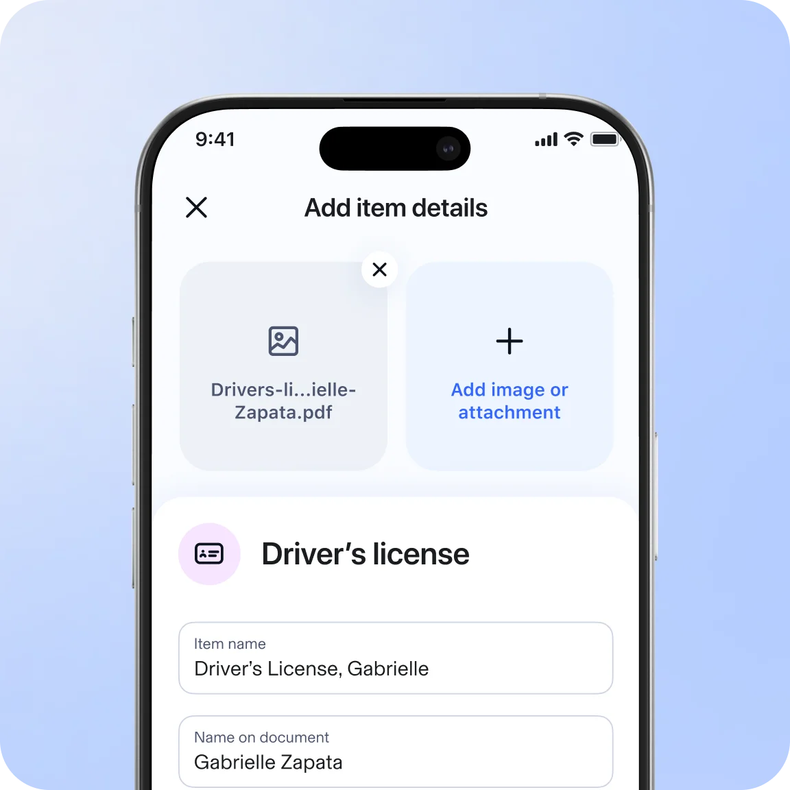 Step 1 - Add item details to Aura app showing driver's license entry screen
