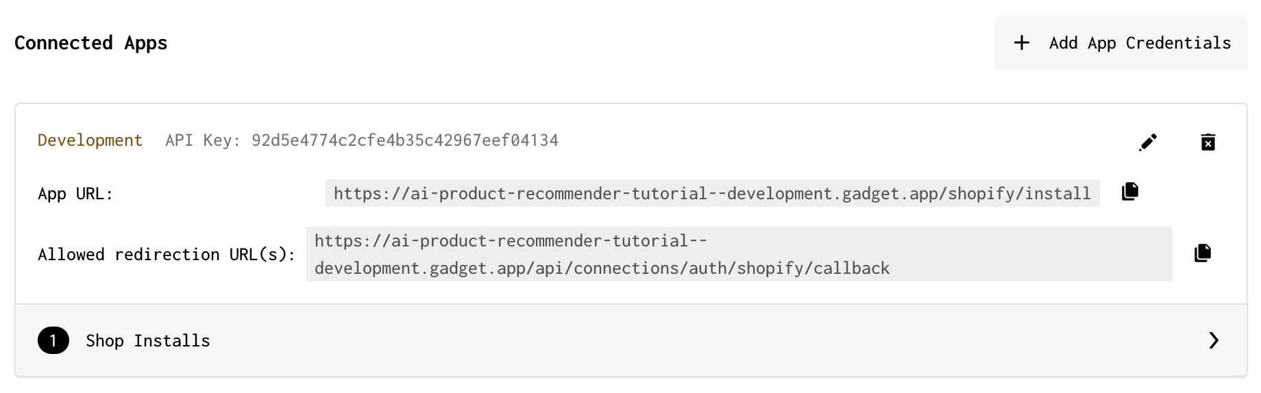Screenshot of the connected app on the Shopify connections page, with the Shop Installs button highlighted