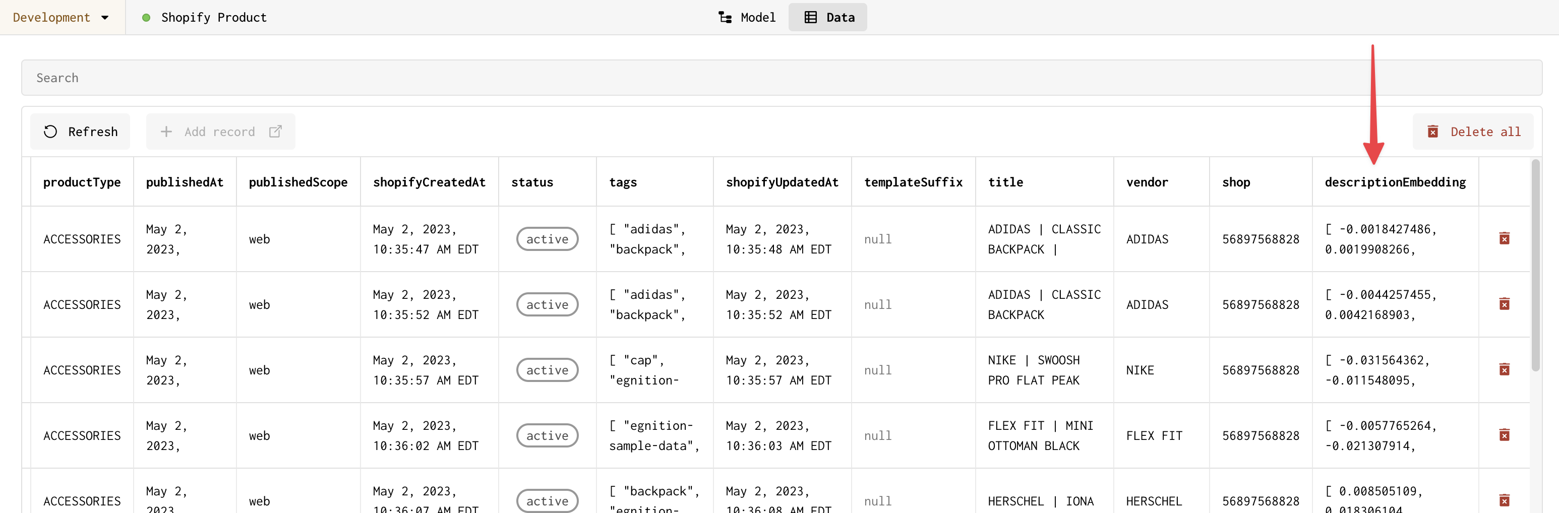 A screenshot of the Data page for the shopifyProduct model. The descriptionEmbedding column is highlighted, with vector data generated for products.