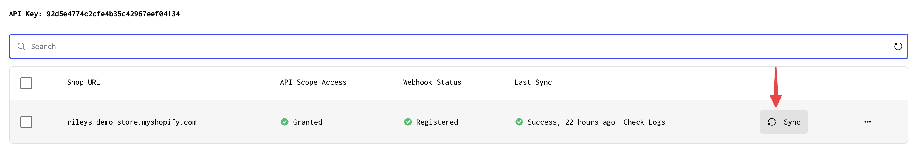 Screenshot of the shop installs page, with an arrow added to the screenshot to highlight the Sync button for the connected store