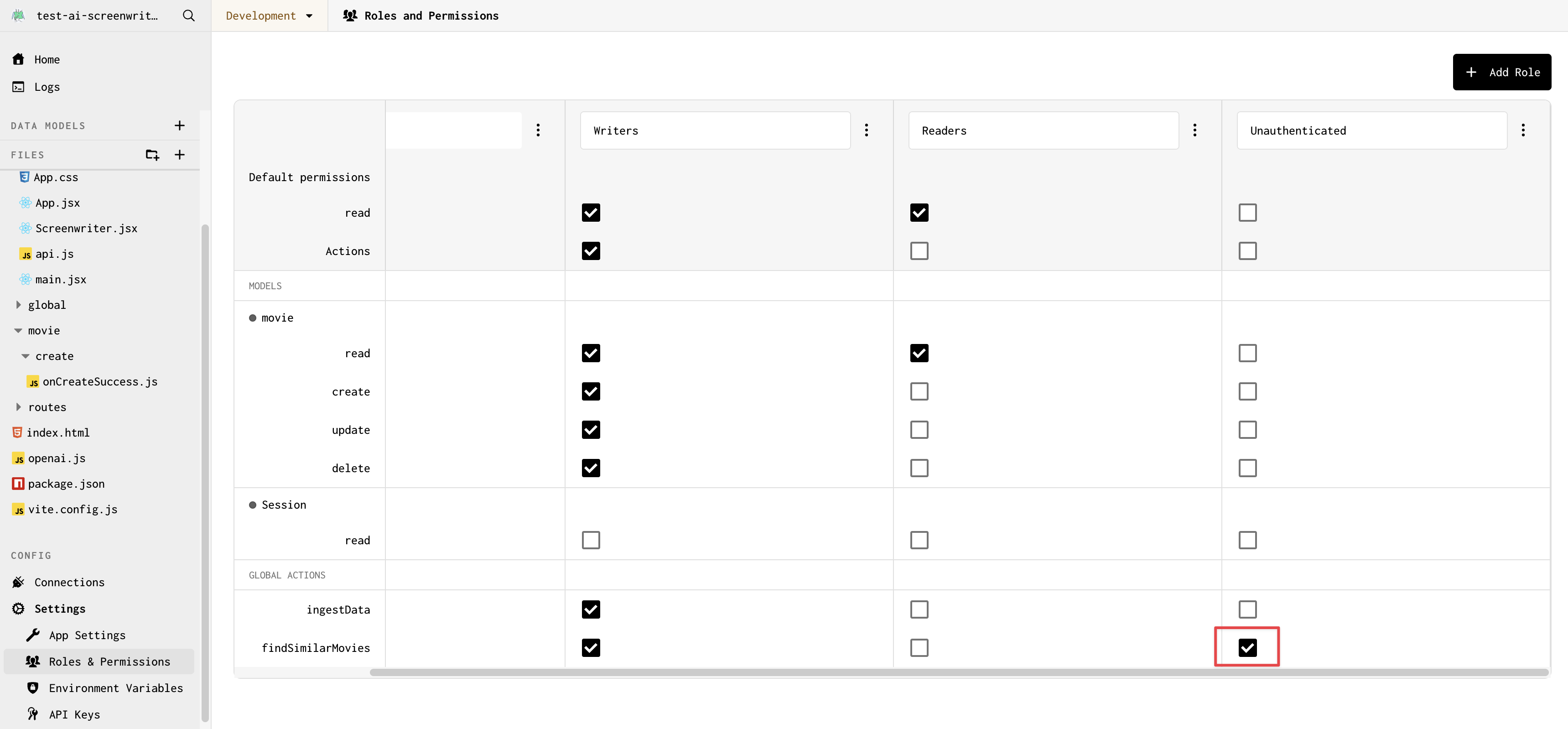 A screenshot of the permissions page, with the Unauthenticated permission for the findSimilarMovies global action checked and highlighted