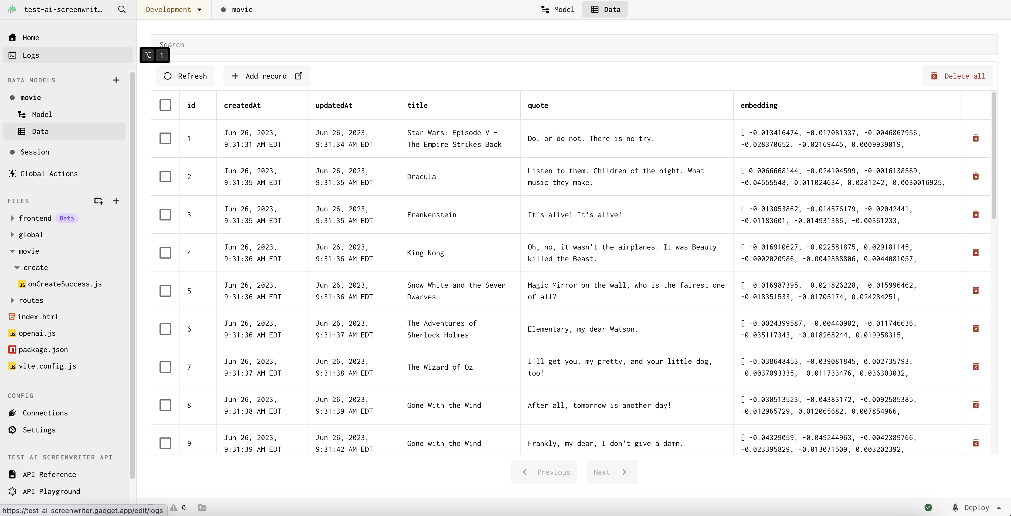 A screenshot of the movie model's data page, with ingested data and embeddings visible