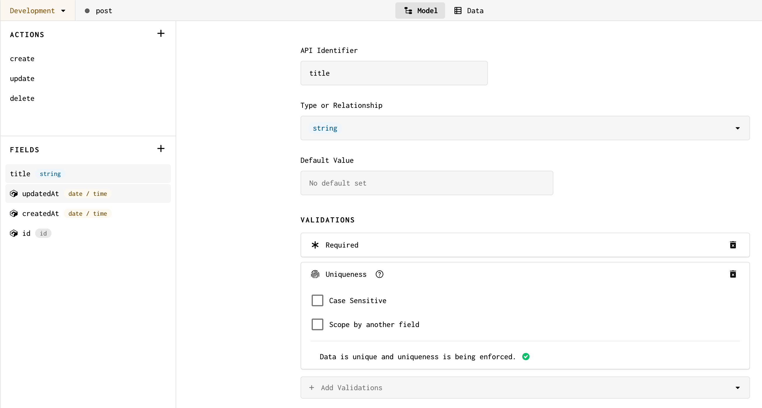 A screenshot of the completed title field, with the string type selected and required and uniqueness validations applied
