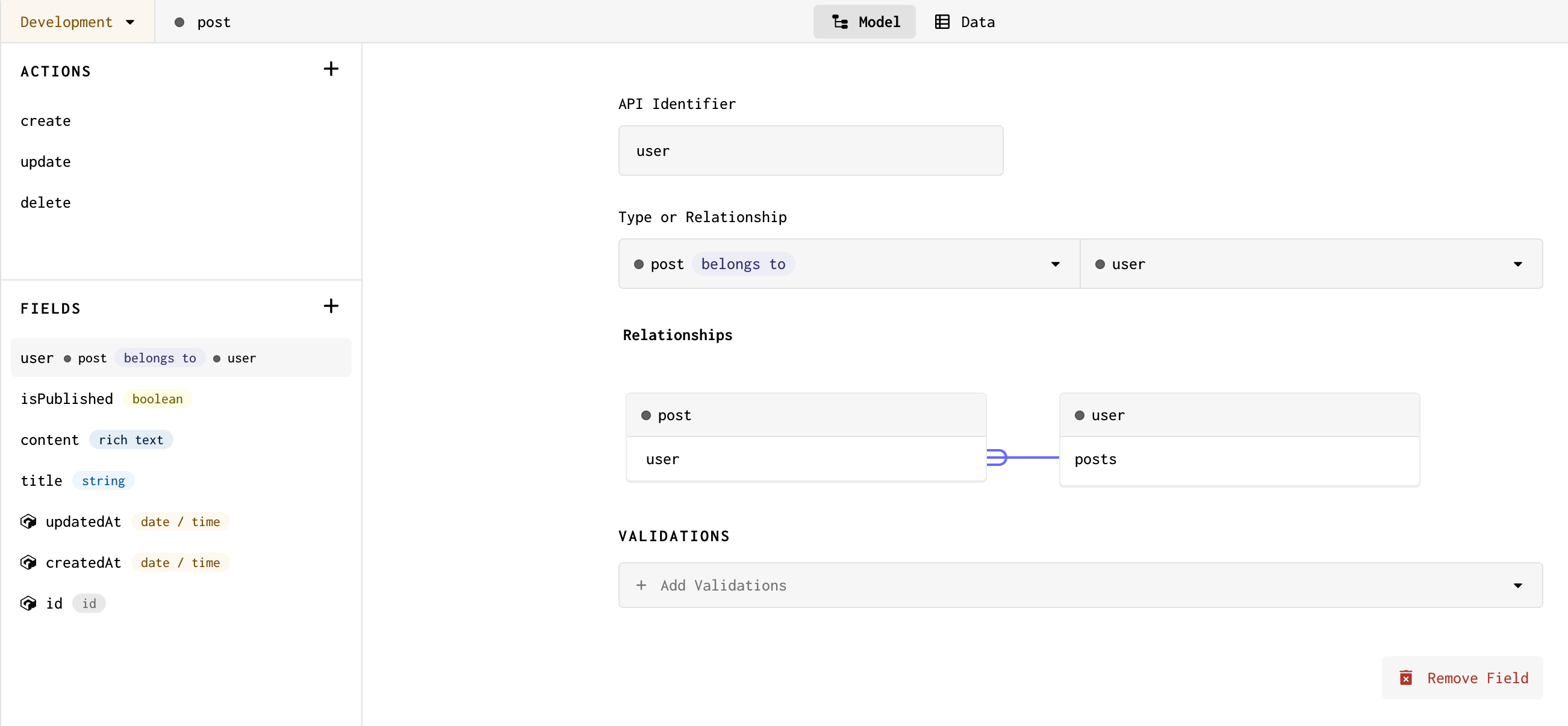 A screenshot of the relationship between post and user models, so that each user has many posts