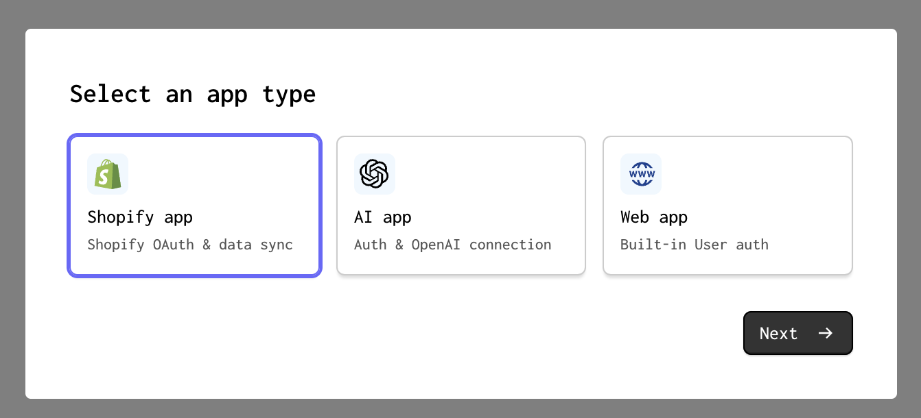 A screenshot of the Shopify app template tile selected on the new app modal, with a domain entered