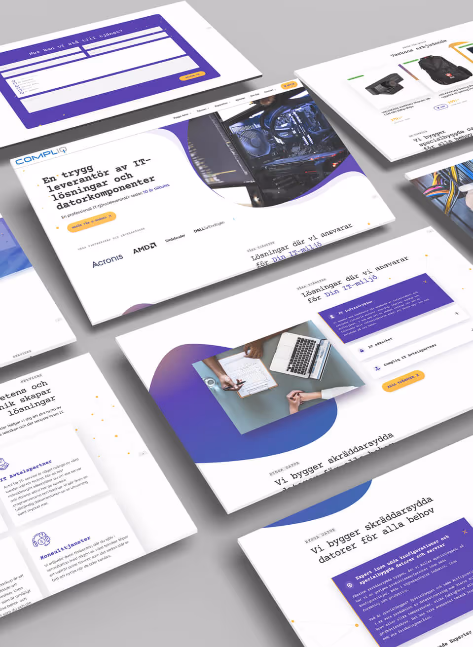 Skärmdumpar av en svensk IT-leverantörs webbplats med fokus på IT-lösningar, skräddarsydda datorer och leverantörspartner.