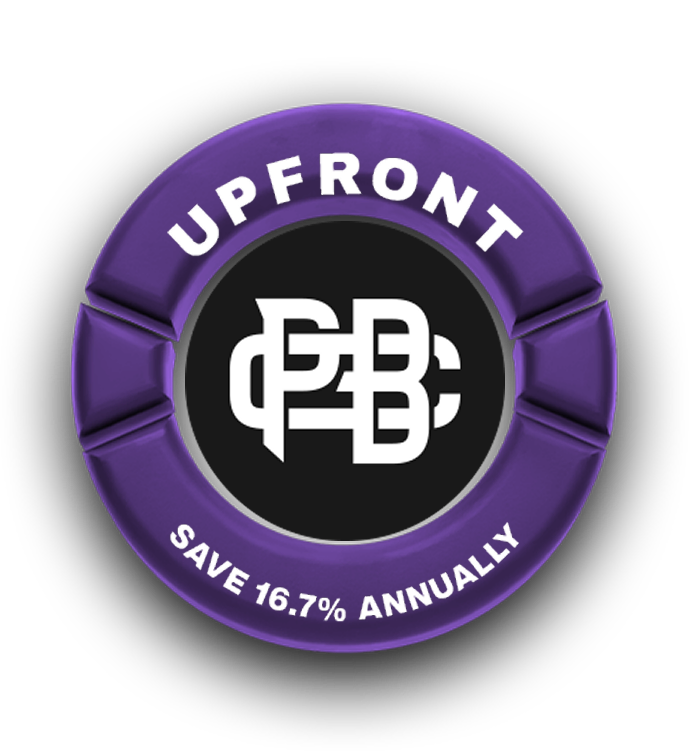 Purple circular badge with white text reading 'UPFRONT' at top and 'SAVE 16.7% ANNUALLY' at bottom, with an interlocking P2B logo in the center on a black background.