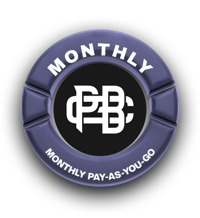 Circular emblem with the word 'MONTHLY' at the top, 'MONTHLY PAY-AS-YOU-GO' at the bottom, and a stylized white 'P2B' logo in the center on a black background.