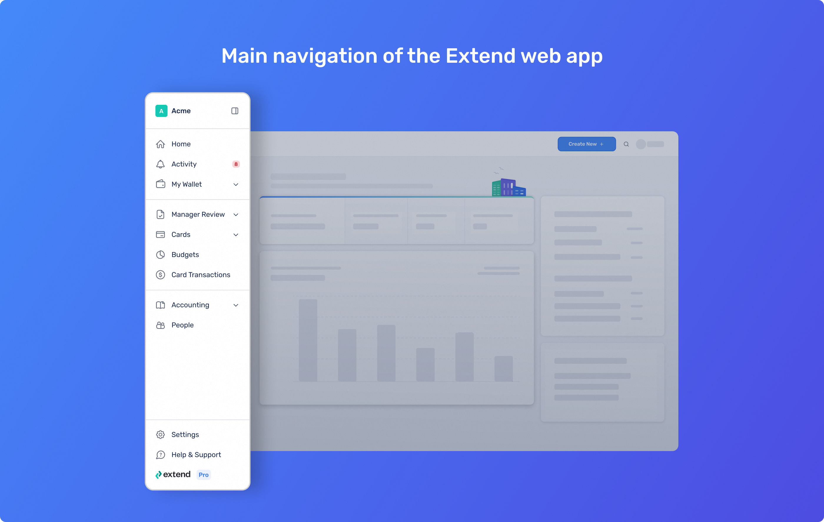 Main navigation of the Extend web app