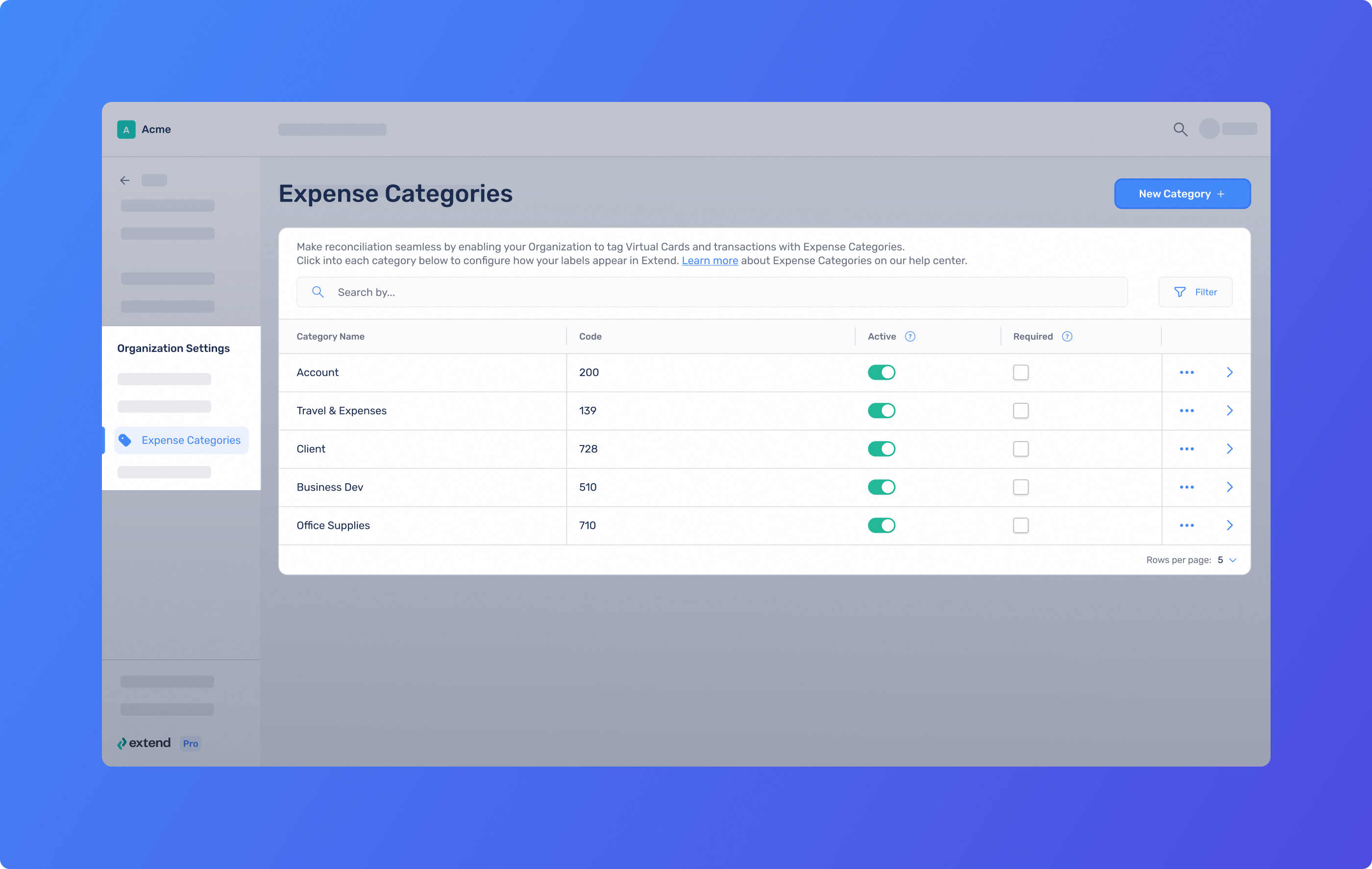 Manually add your codes on the Expense Categories tab in your org settings in the Extend app.