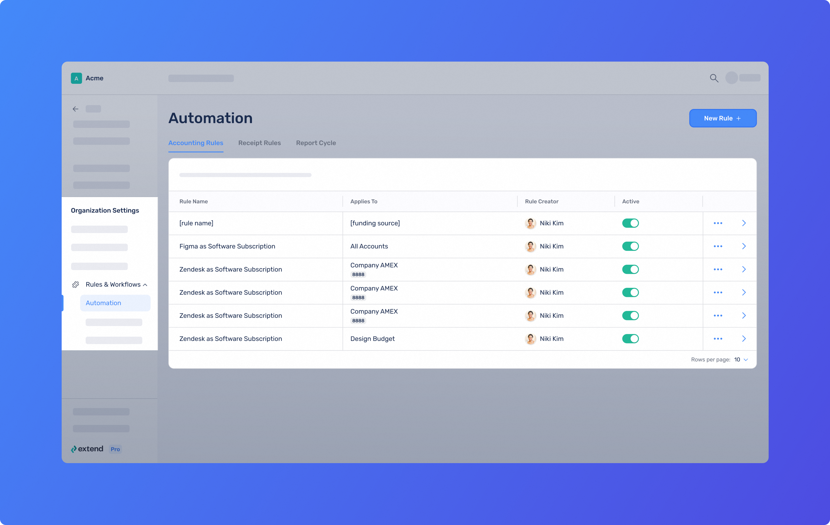 With Extend, you can set up rules with conditions that will automatically code transactions on the Accounting Automation tab in your org settings.