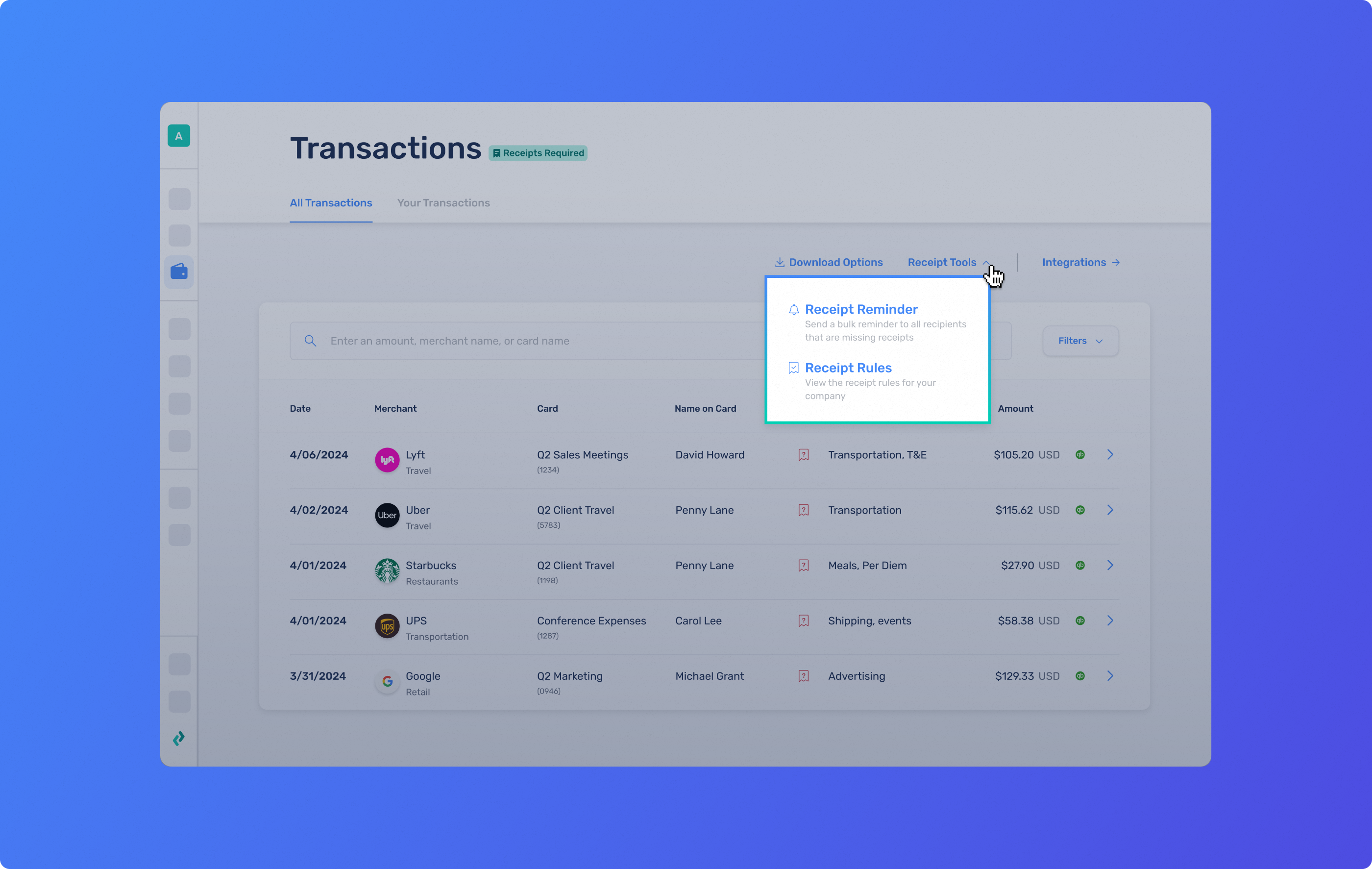With Extend, the Owner, Admins, and Bookkeepers can remind users to attach receipts with in-app reminders.