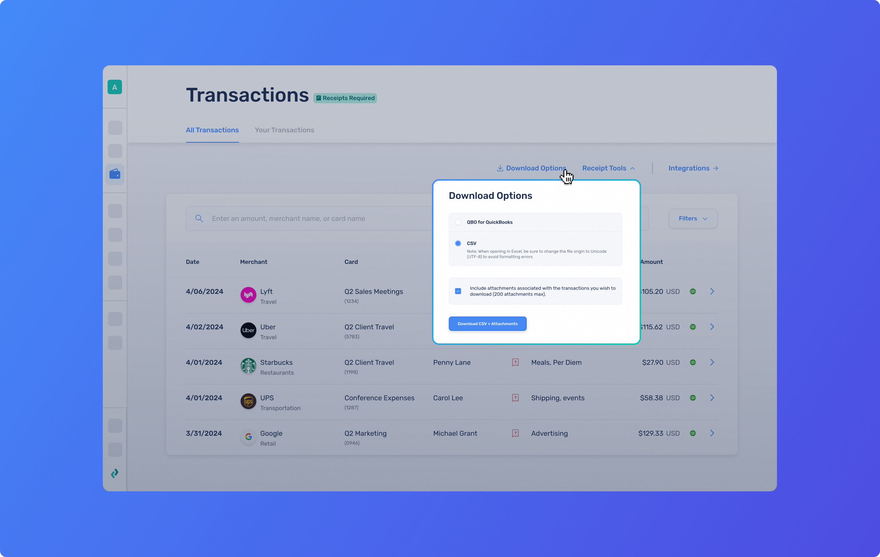 With Extend, anyone can download their own transaction data and attachments. 