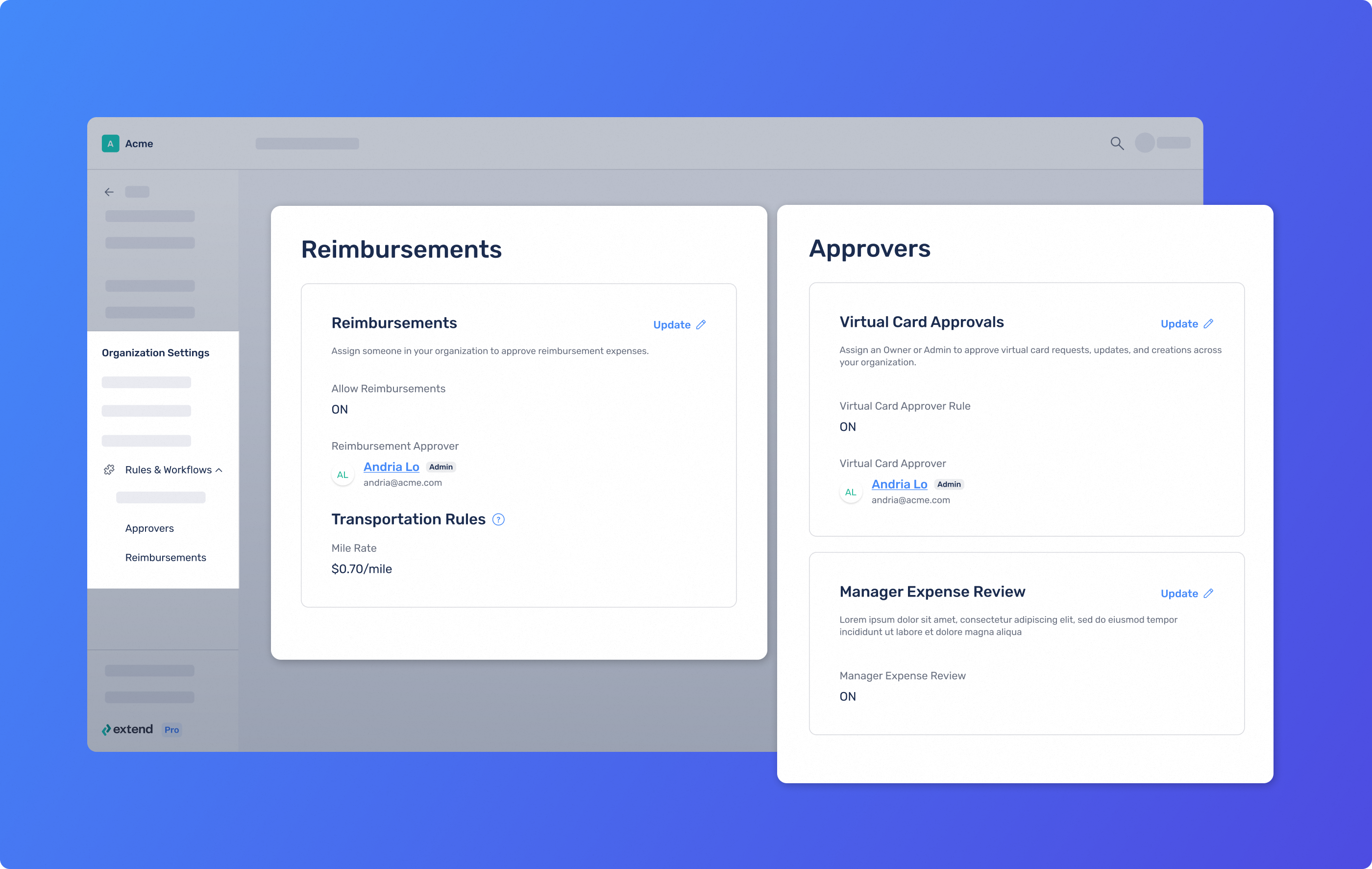 How to Activate expense reports and assign an approver in the Extend platform.