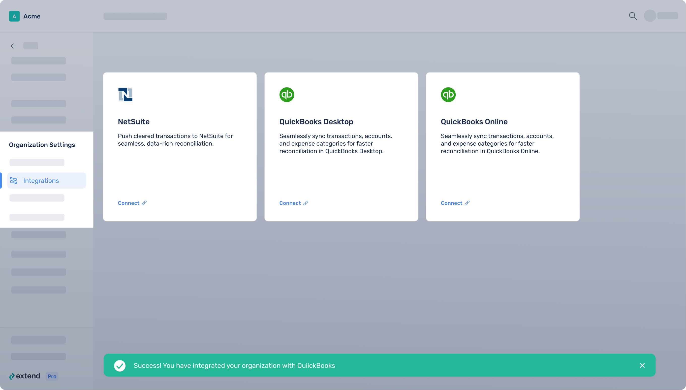 Log into the Extend web app and navigate to the Organization Settings page to connect to QuickBooks Online.