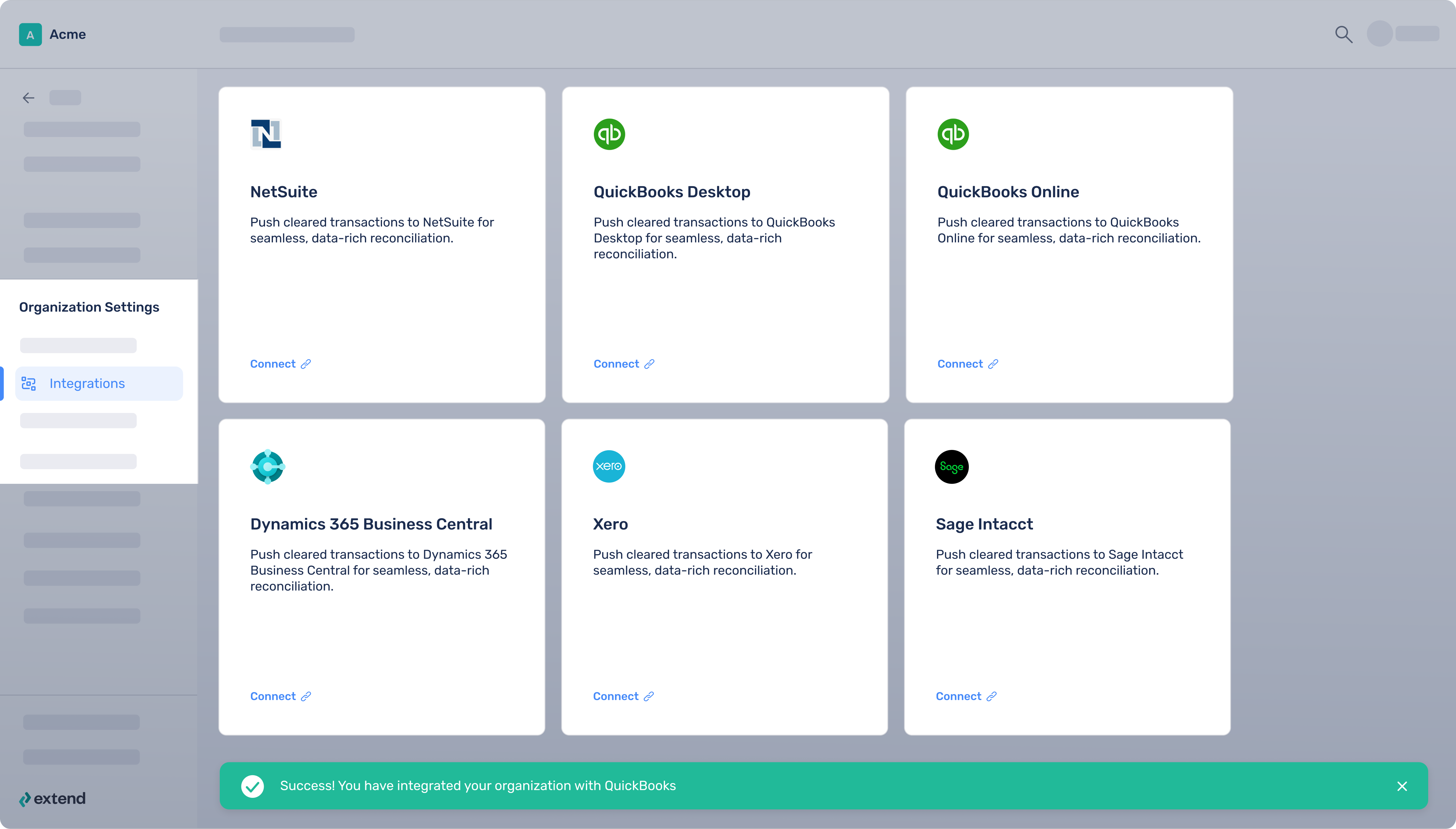Log into the Extend web app and navigate to the Organization Settings page to connect to QuickBooks Online.