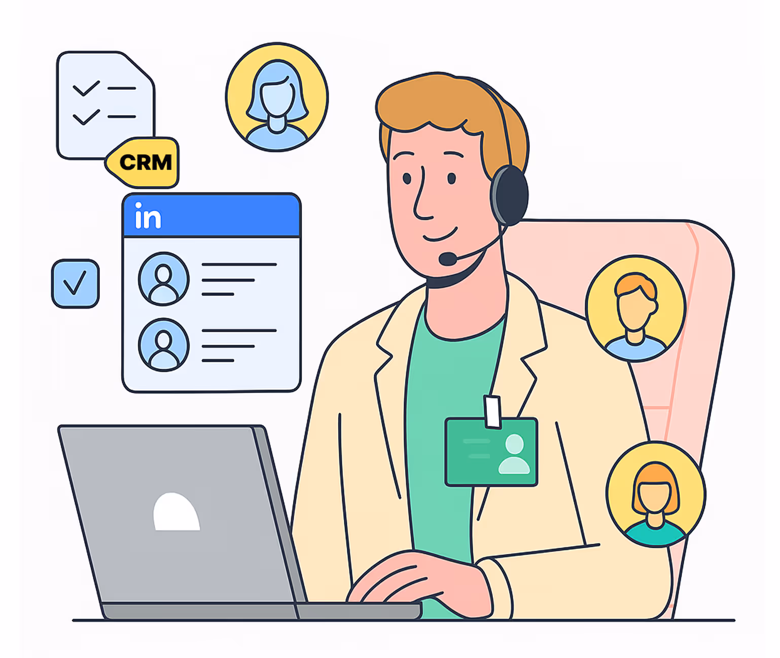 Illustration of a man with a headset working on a laptop, with icons representing CRM software, LinkedIn profiles, and customer avatars.