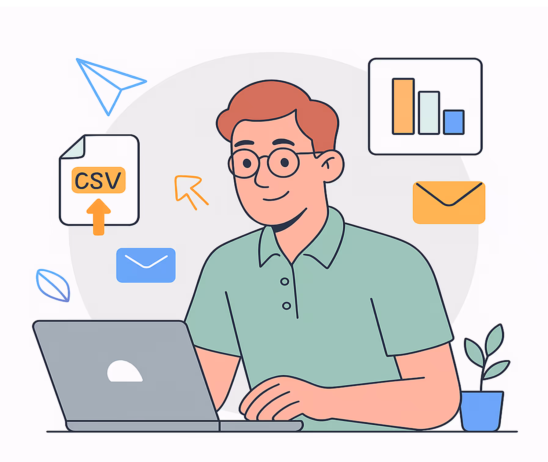 Illustration of a man with glasses working on a laptop, surrounded by icons representing CSV files, email, bar charts, and digital marketing tools.