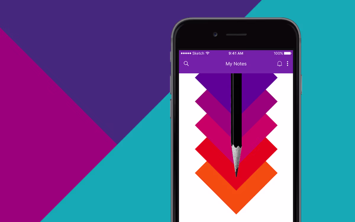 iPhone on a multi-colored background displaying the newly designed OneNote app