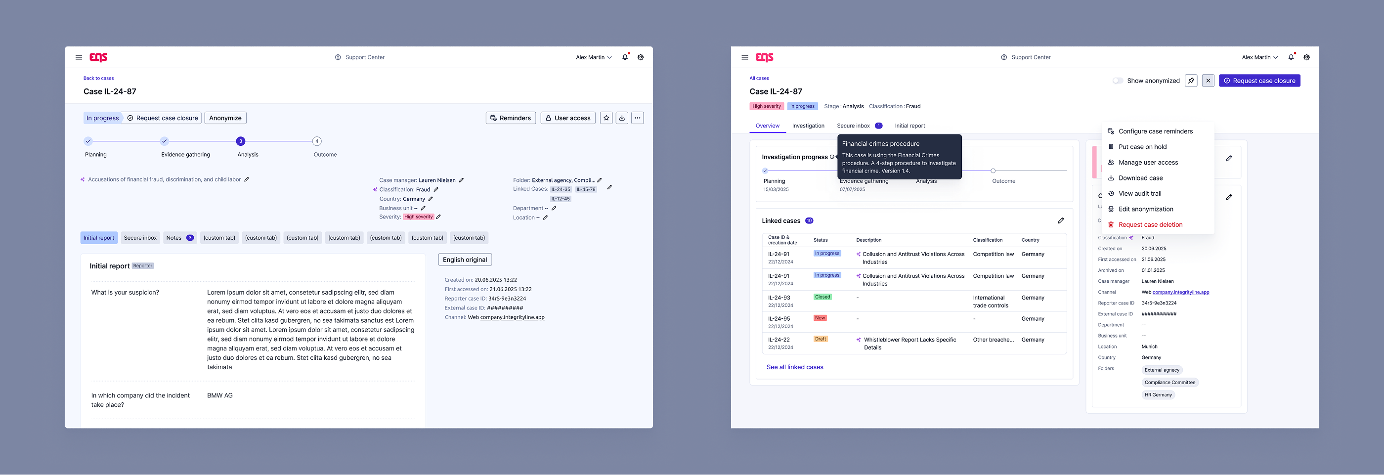 Before (left) and after (right) showcasing major visual design changes to the case detail view.