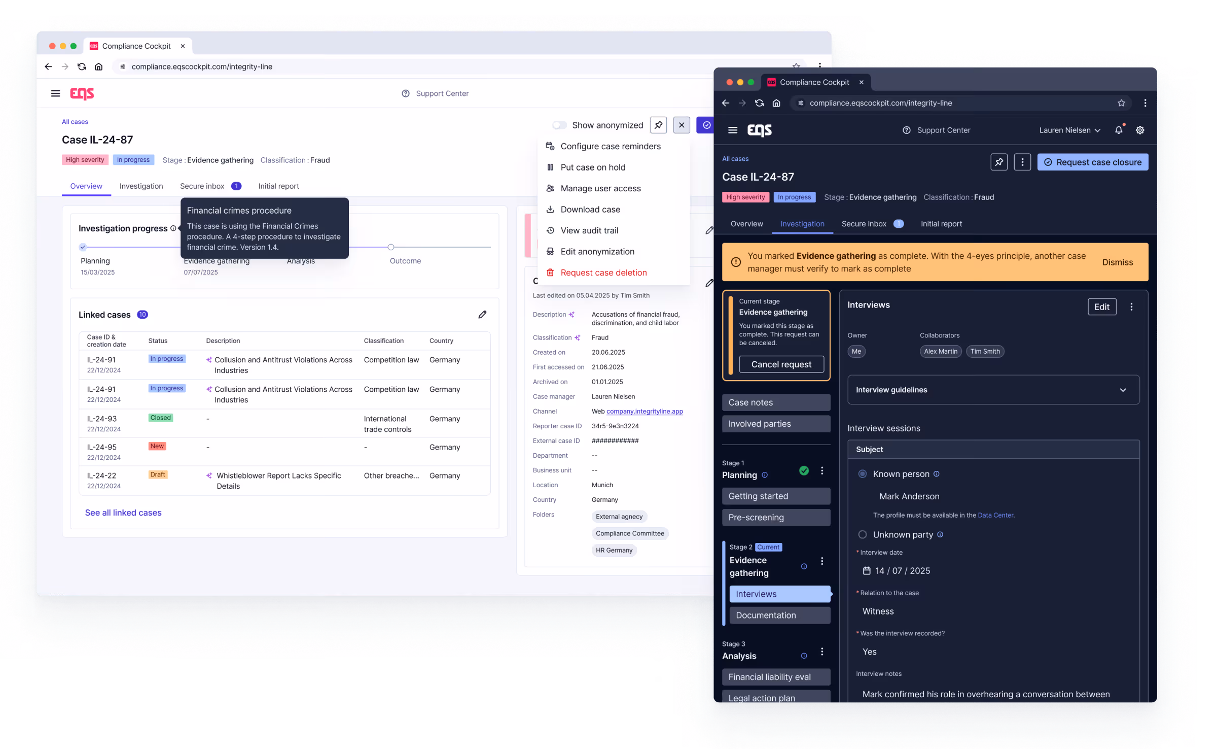 UI screenshot of case detail page showing different layout of whistleblowing case content
