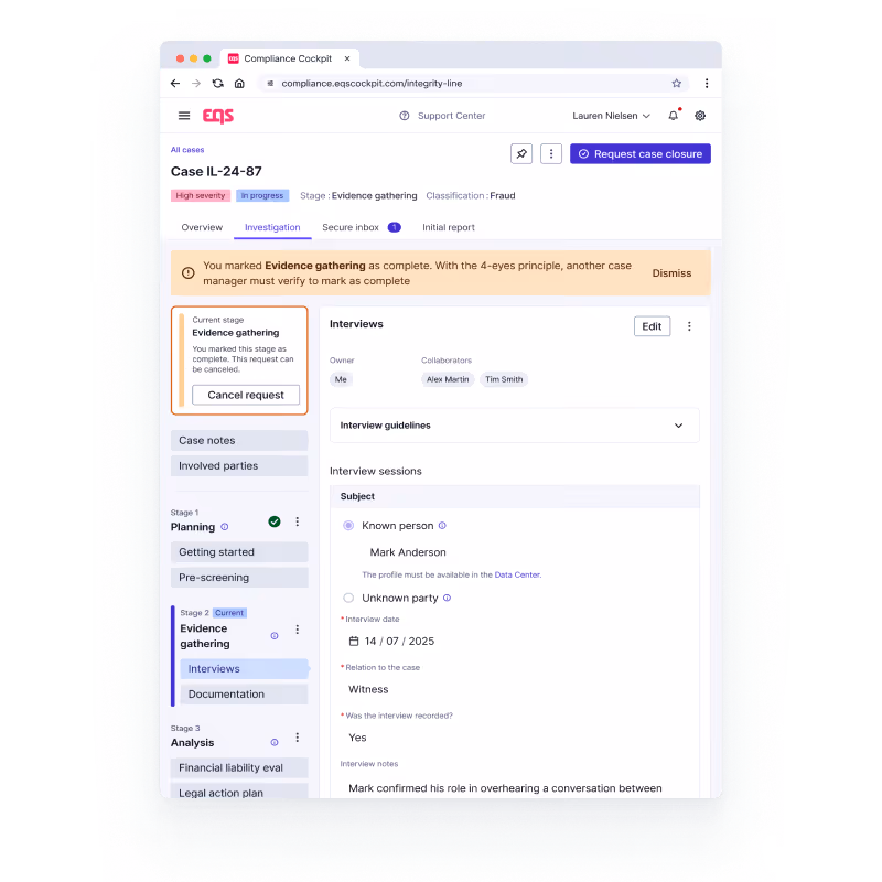 UI screenshot of case detail page showing different layout of whistleblowing case content