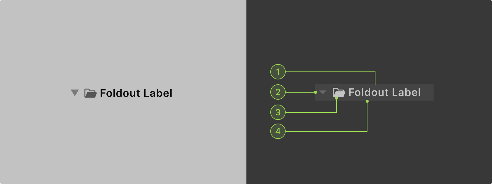 An annotated foldout label in light and dark theme, including the label, a foldout arrow and an icon