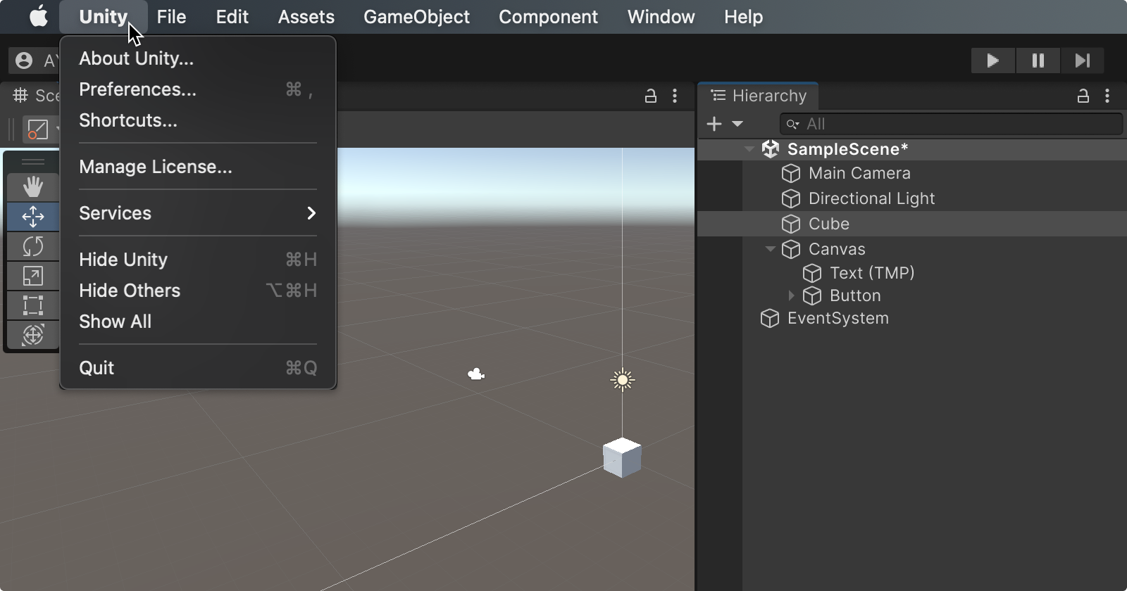 Showing the Unity menu on macOS