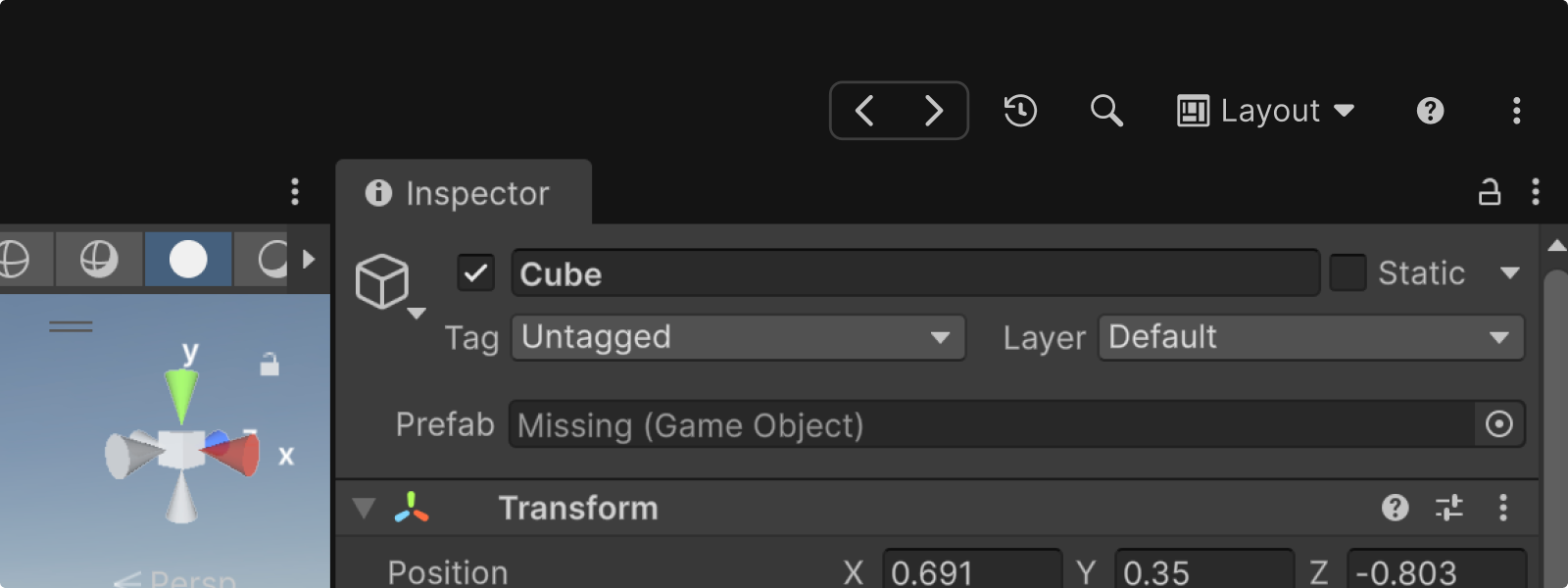 Example showing the Editor Selection History buttons initial position