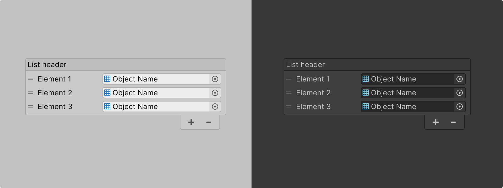 A reorderable list view in light and dark themes featuring the header and add & remove buttons