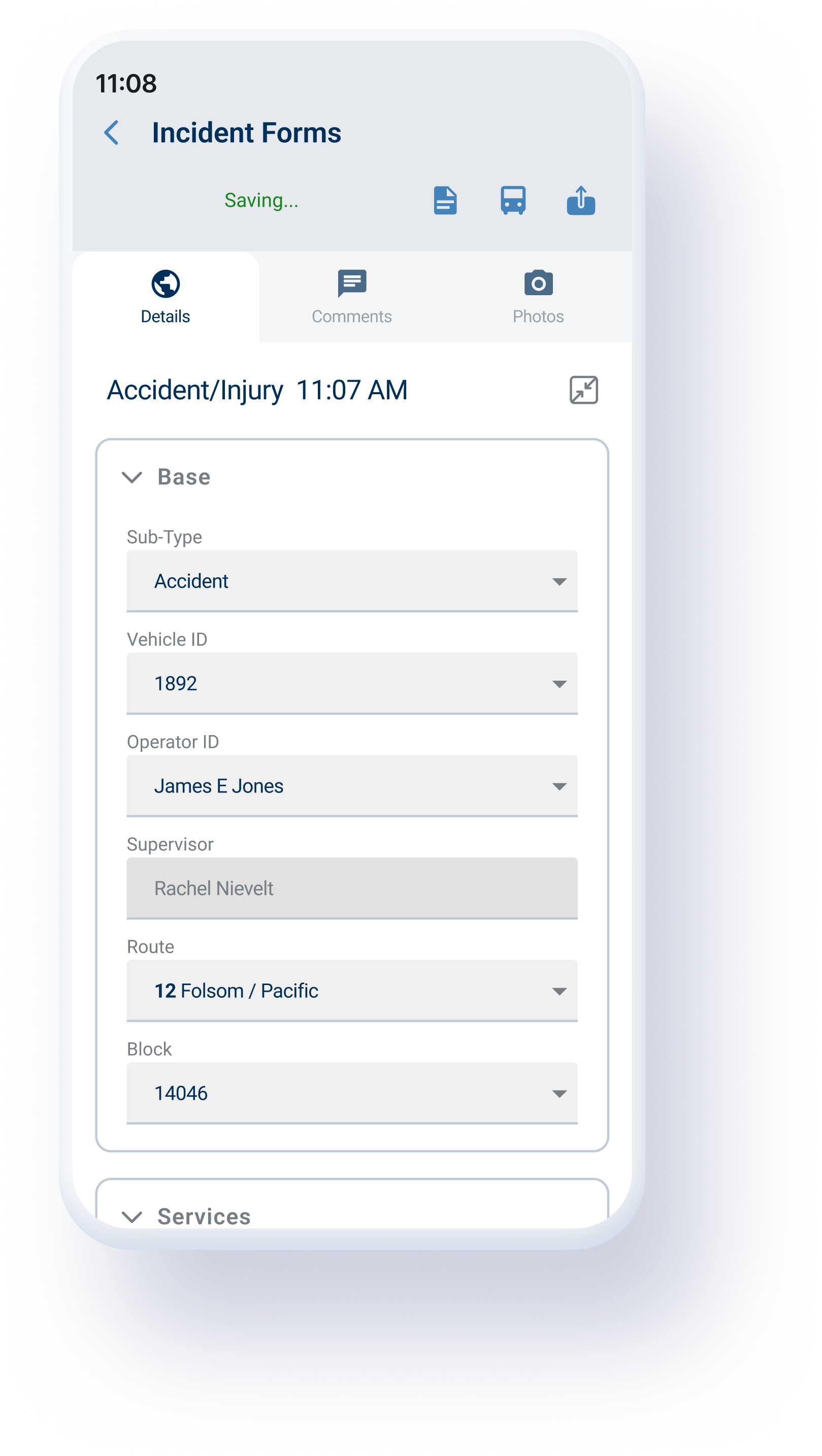 Shipped incident form with Details, Comments, and Photos tabs and auto-filled vehicle, operator, route, and block