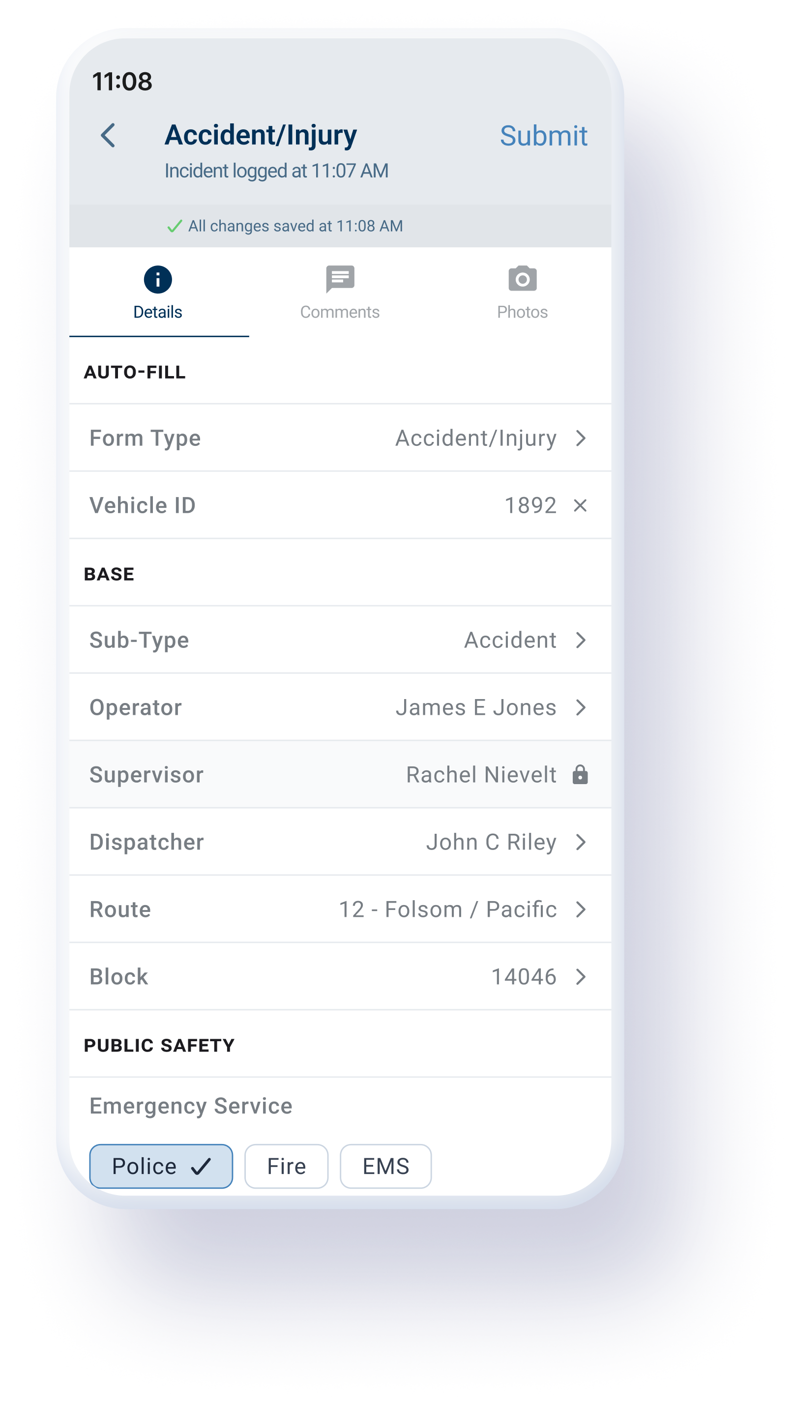 Refined incident form with full-row list items, a lock on the auto-filled supervisor, emergency service chips, and a persistent saved timestamp