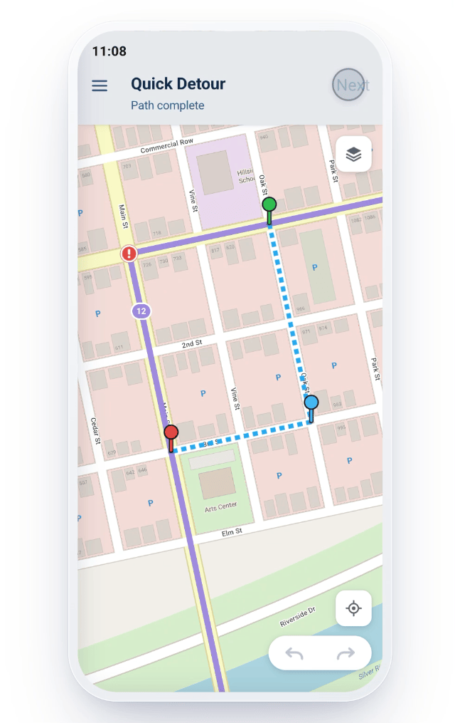 Animated demo of creating a detour by tapping points on a map