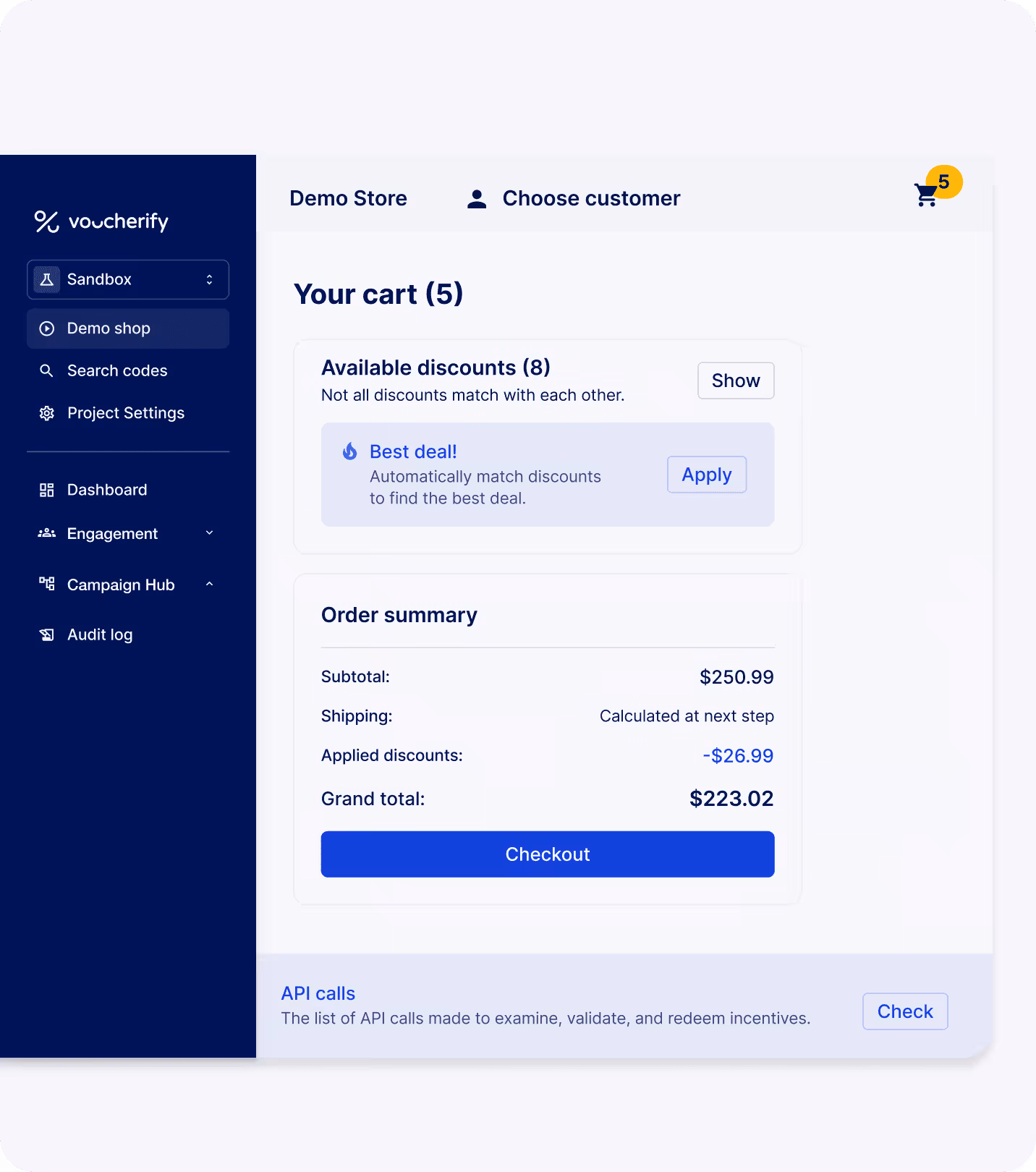 Visual showing Voucherify demo store and sandbox project