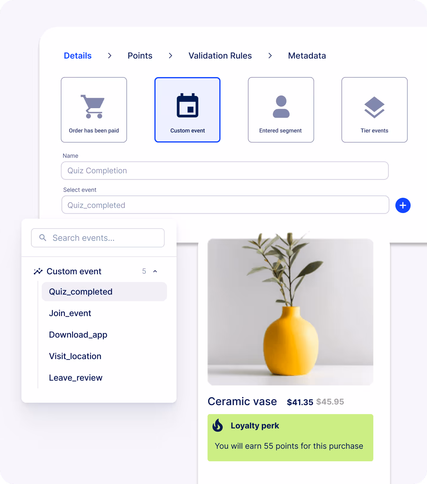 Visual of custom loyalty earning rules and balance nudge at checkout
