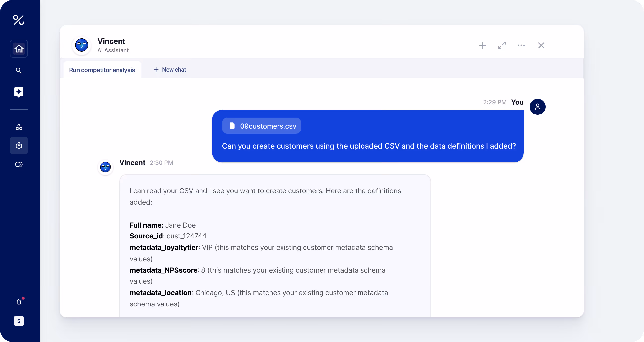 Vincent chatbox showing account management actions