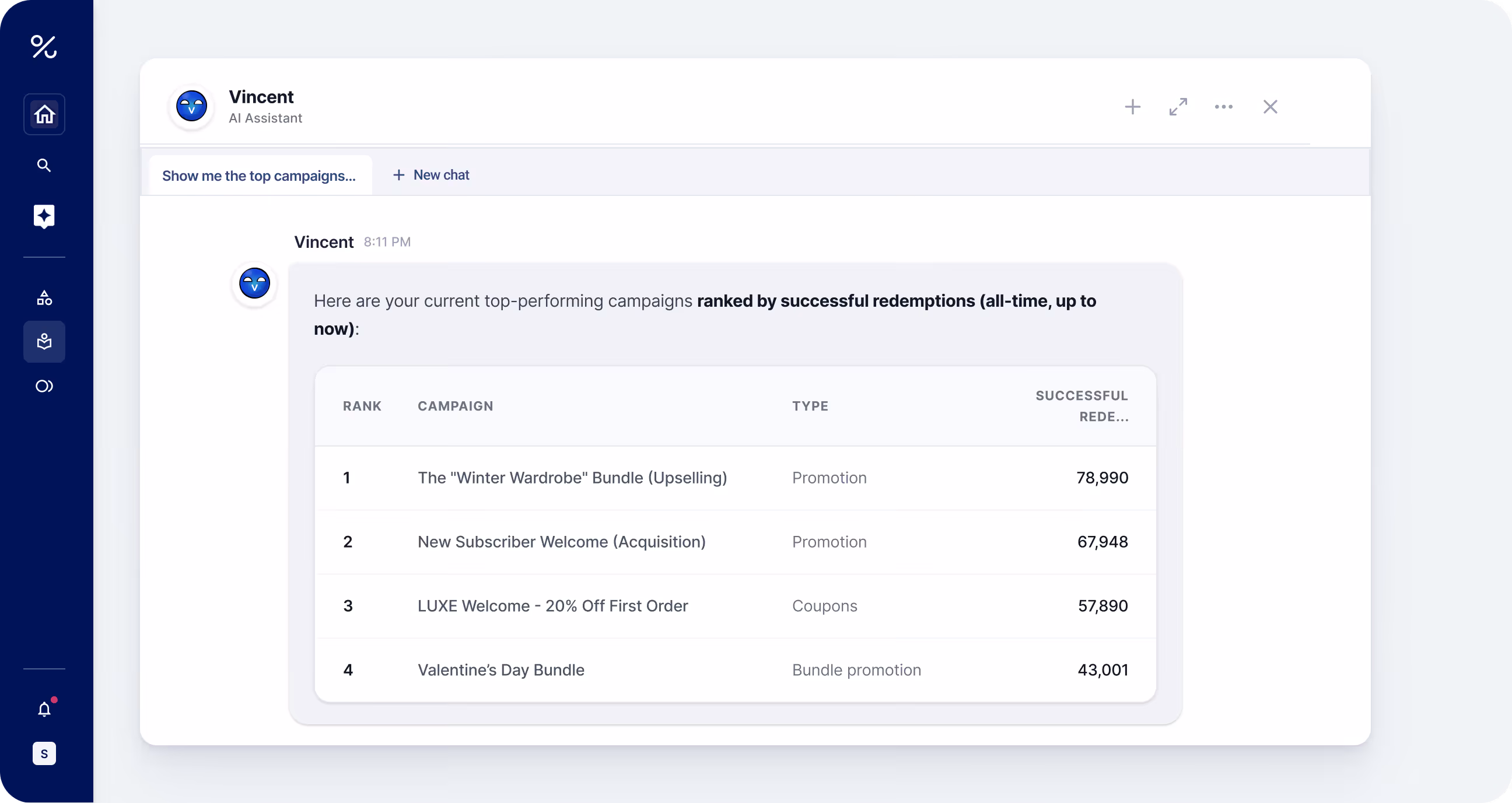 Vincent chatbox showing incentive analysis