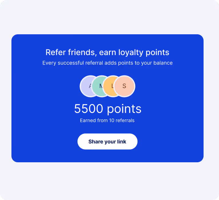 Referral rewards feeding into a loyalty program with points balance and advocate activity tracking.