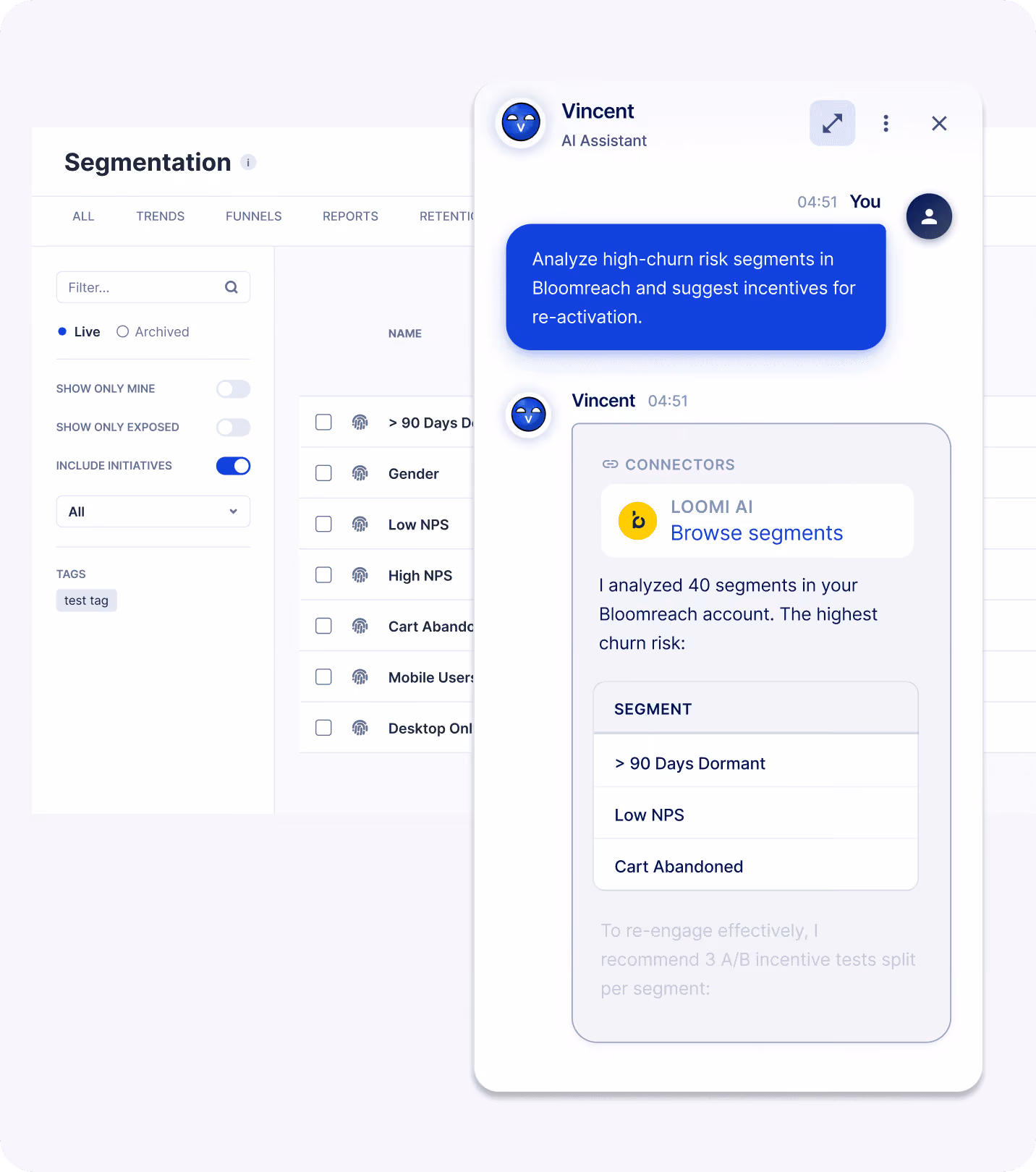 Chat window shows AI analyzing high-churn risk segments in Bloomreach and listing top segments for reactivation.