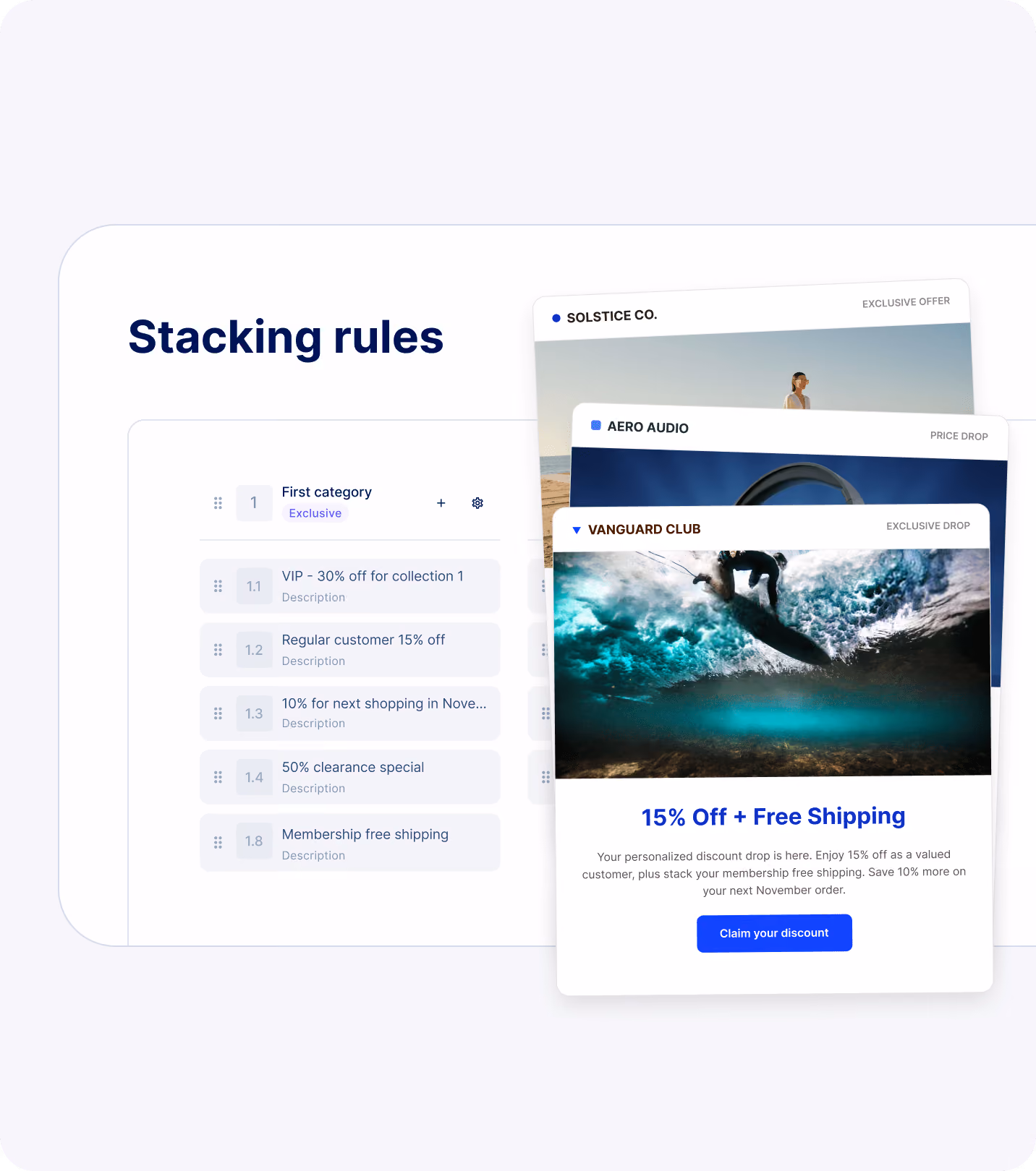Screen showing stacking rules for promotional discounts with sample offers and details for a Vanguard Club deal.